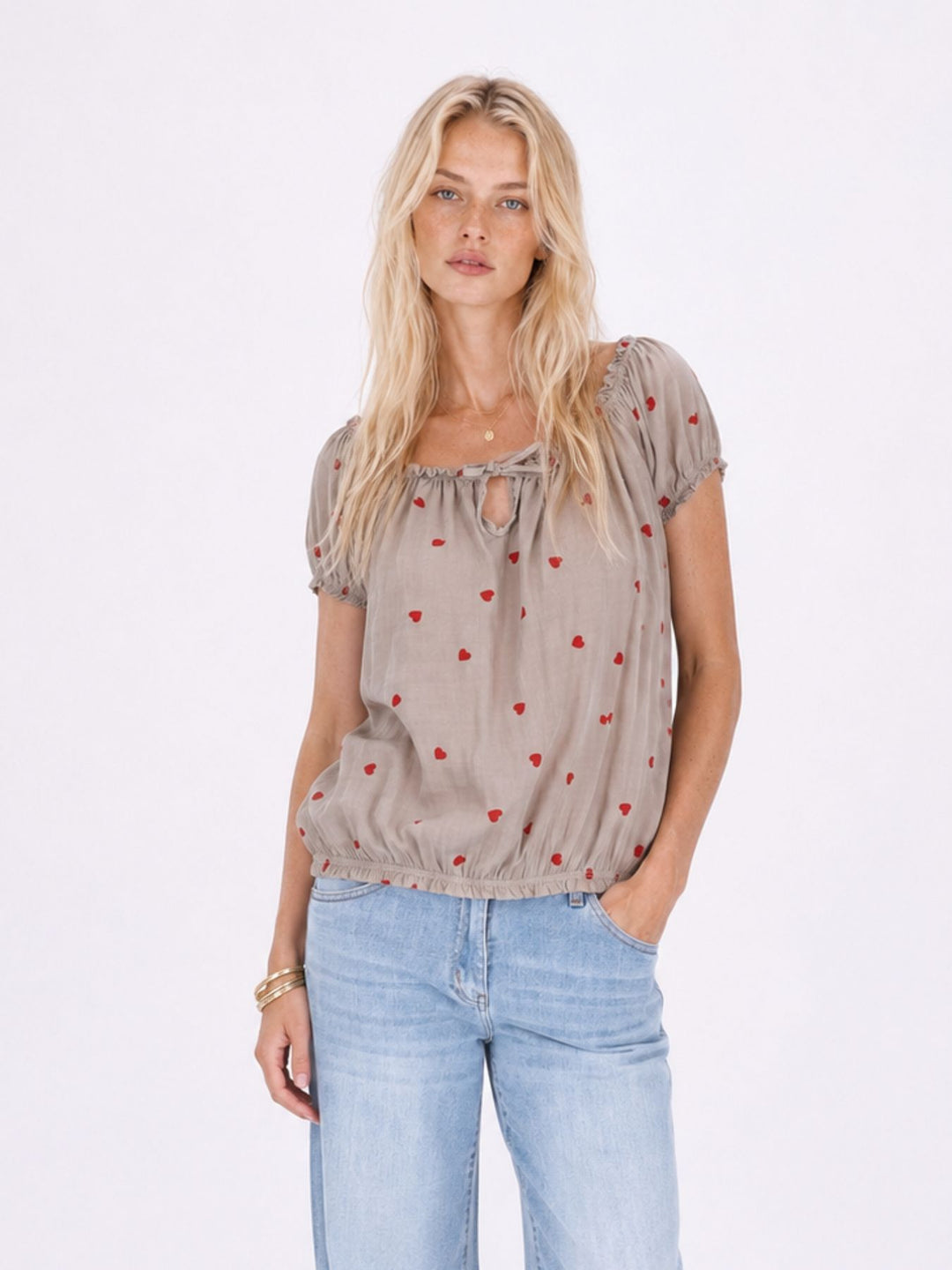 T.Shirt Damen Carmen AOP Herzen Gummizug am Bund
