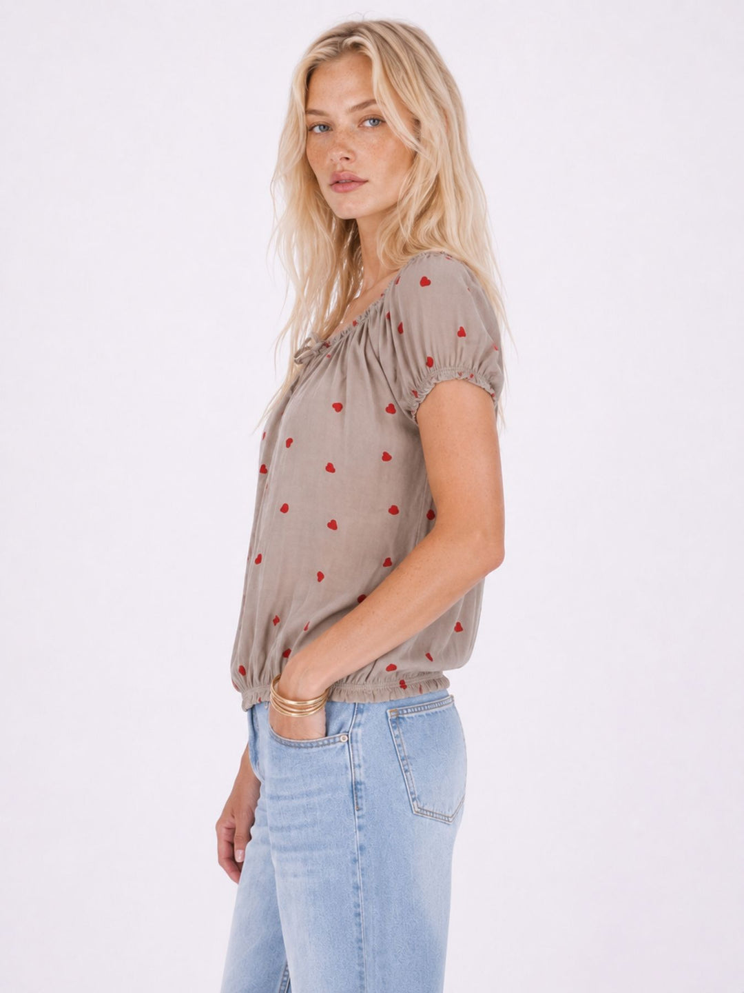T.Shirt Damen Carmen AOP Herzen Gummizug am Bund