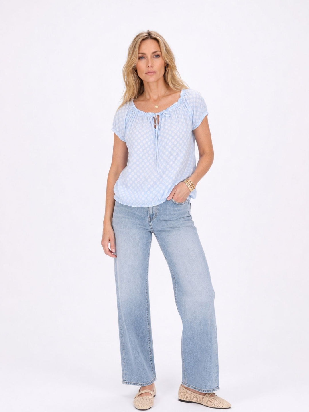 T-Shirt Damen Carmen AOP Kreise Gummizug am Bund