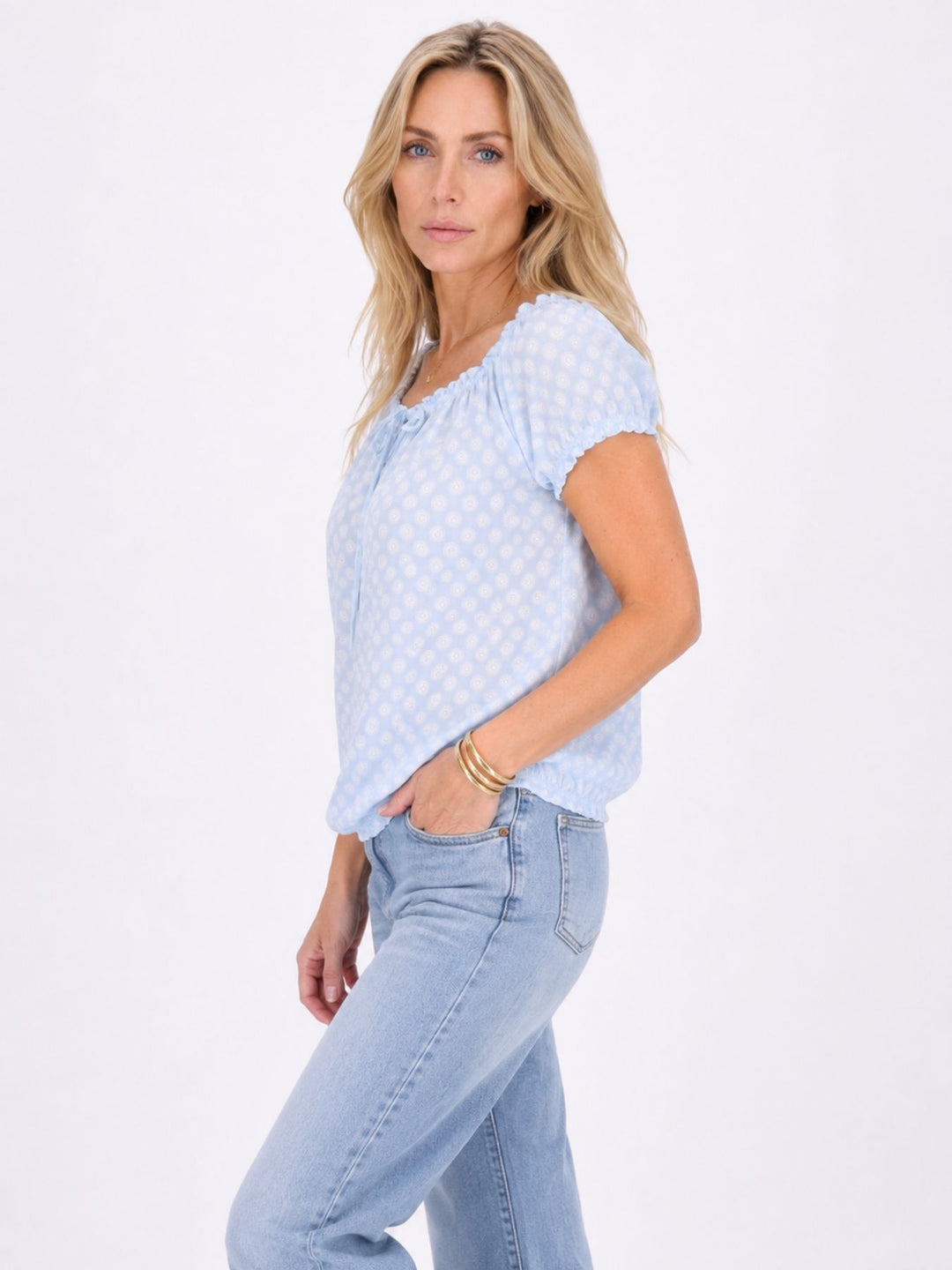 T-Shirt Damen Carmen AOP Kreise Gummizug am Bund