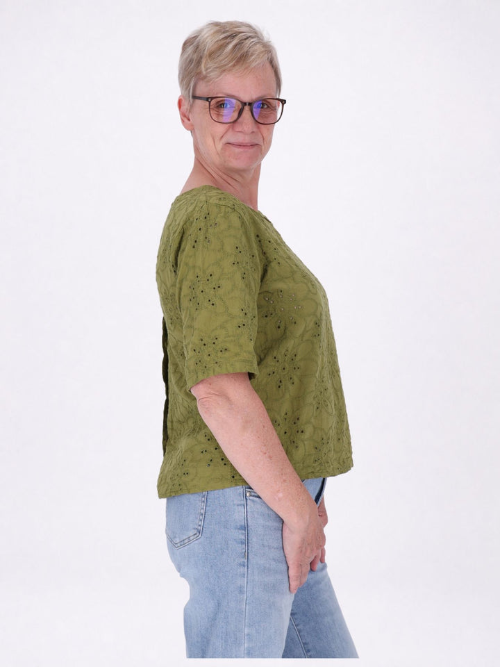 T-Shirt Damen Lochmusterhinten geknöpft in Olivengrün