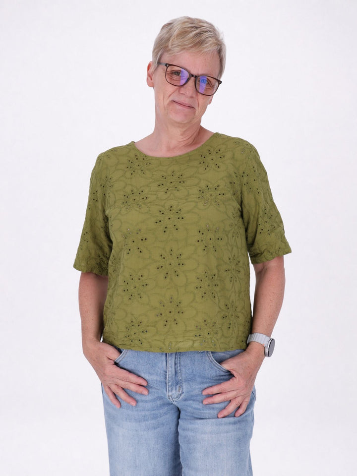 T-Shirt Damen Lochmusterhinten geknöpft in Olivengrün