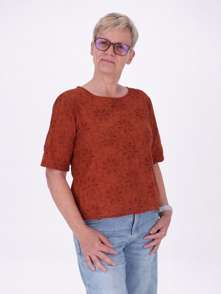 T-Shirt Damen Lochmusterhinten geknöpft - rostrot