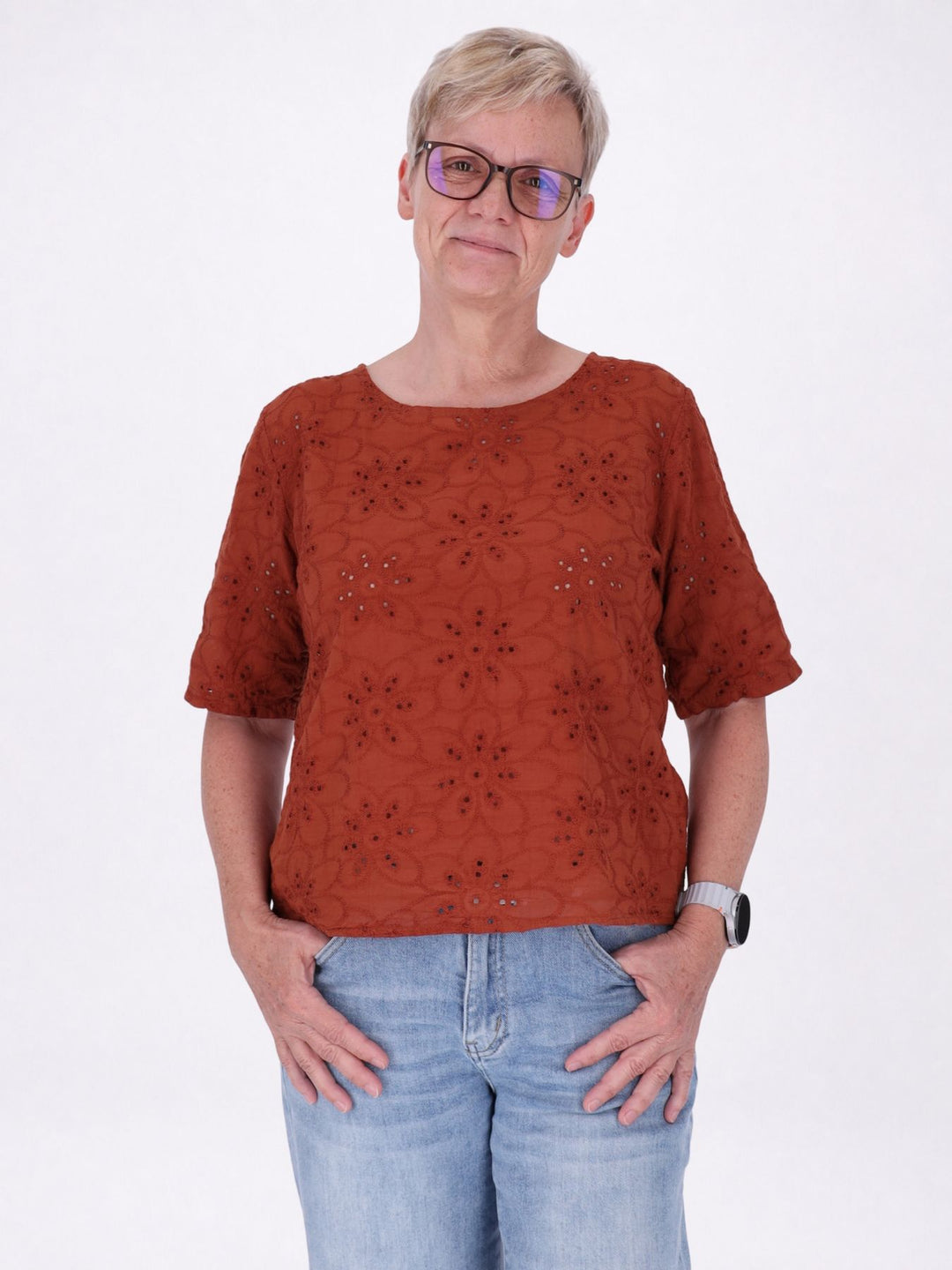 T-Shirt Damen Lochmusterhinten geknöpft - rostrot