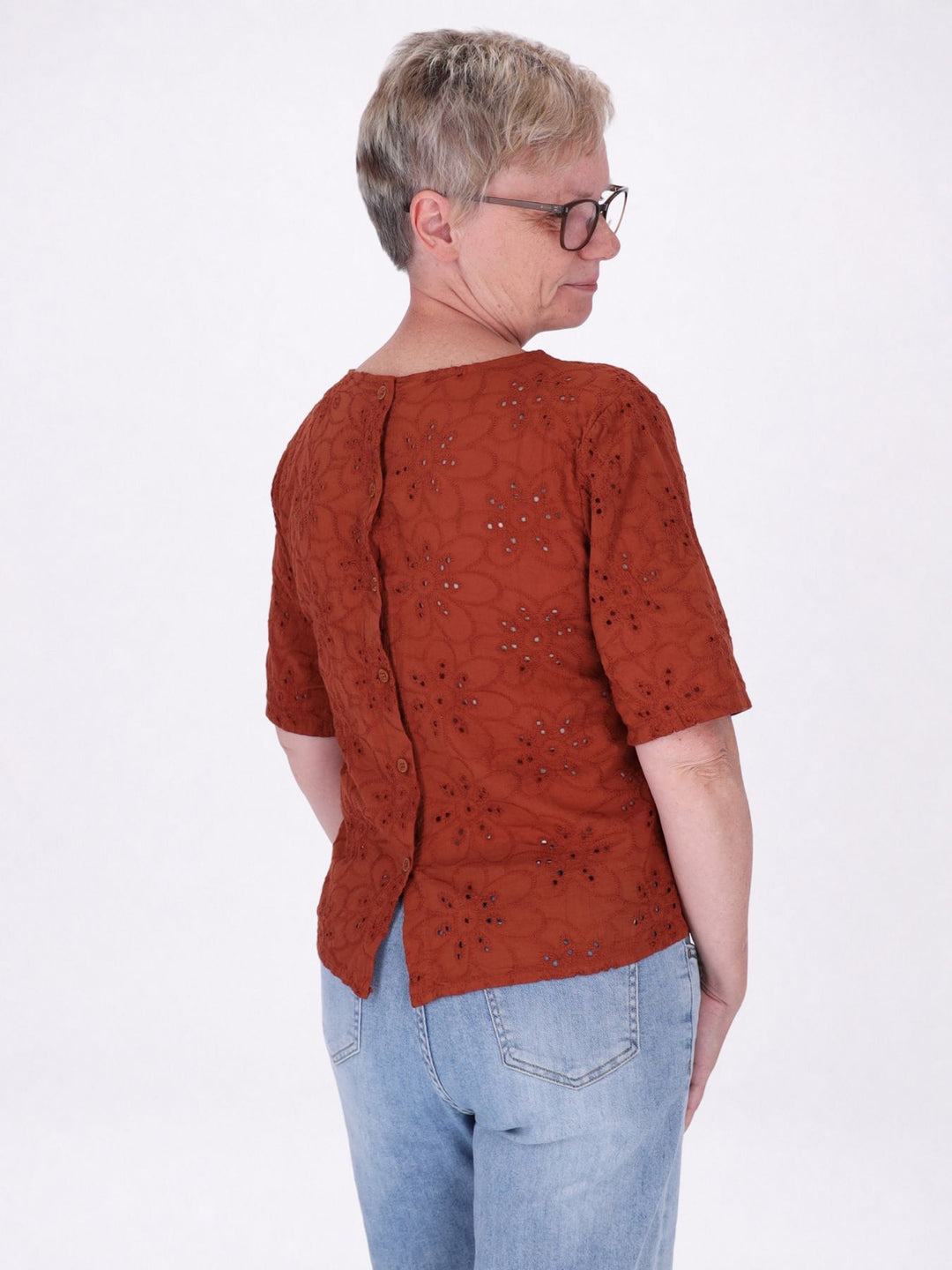 T-Shirt Damen Lochmusterhinten geknöpft - rostrot