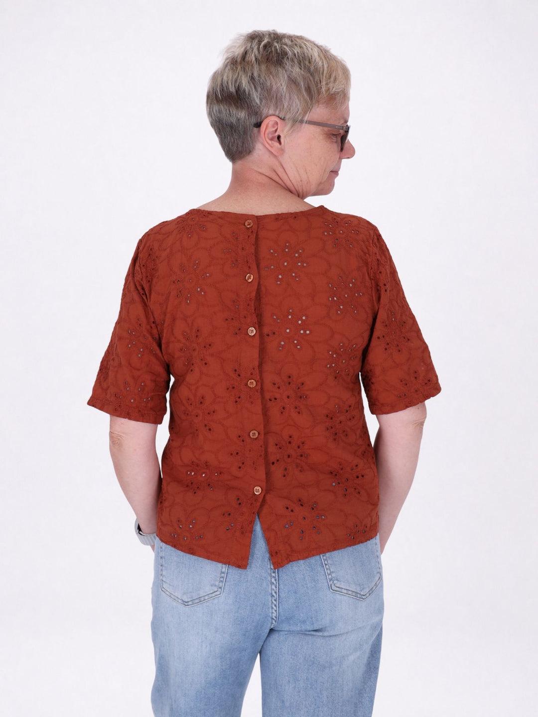T-Shirt Damen Lochmusterhinten geknöpft - rostrot