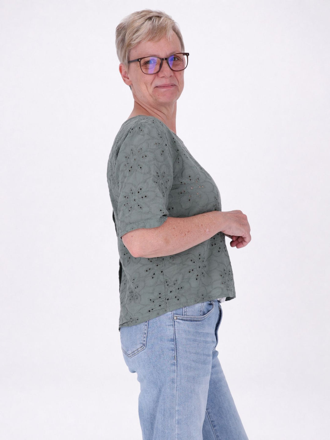 T-Shirt Damen Lochmusterhinten geknöpft