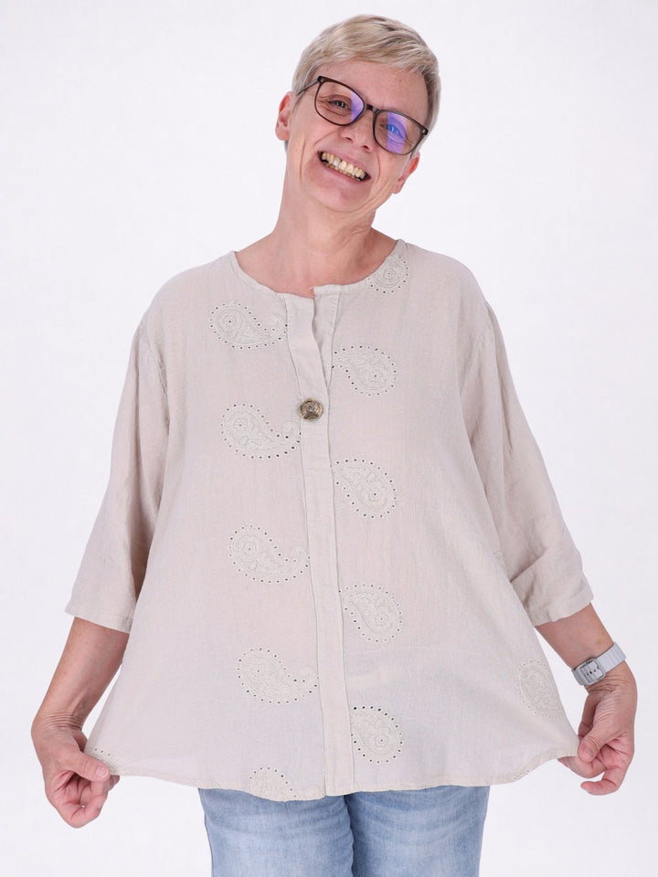 Damen T-Shirt mit Paisley-Stickerei und V-Ausschnitt – Beige