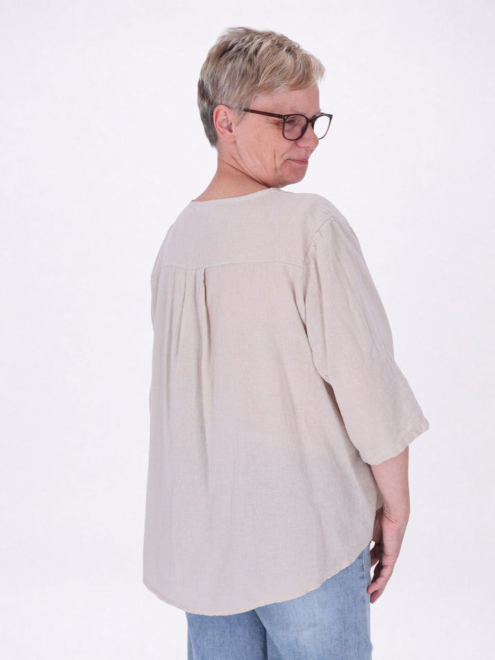 Damen T-Shirt mit Paisley-Stickerei und V-Ausschnitt – Beige