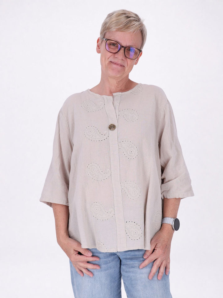 Damen T-Shirt mit Paisley-Stickerei und V-Ausschnitt – Beige