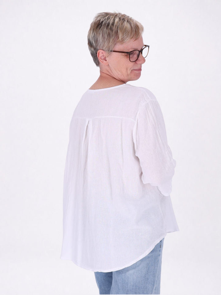 Damen T-Shirt mit Paisley-Stickerei und V-Ausschnitt – Weiß