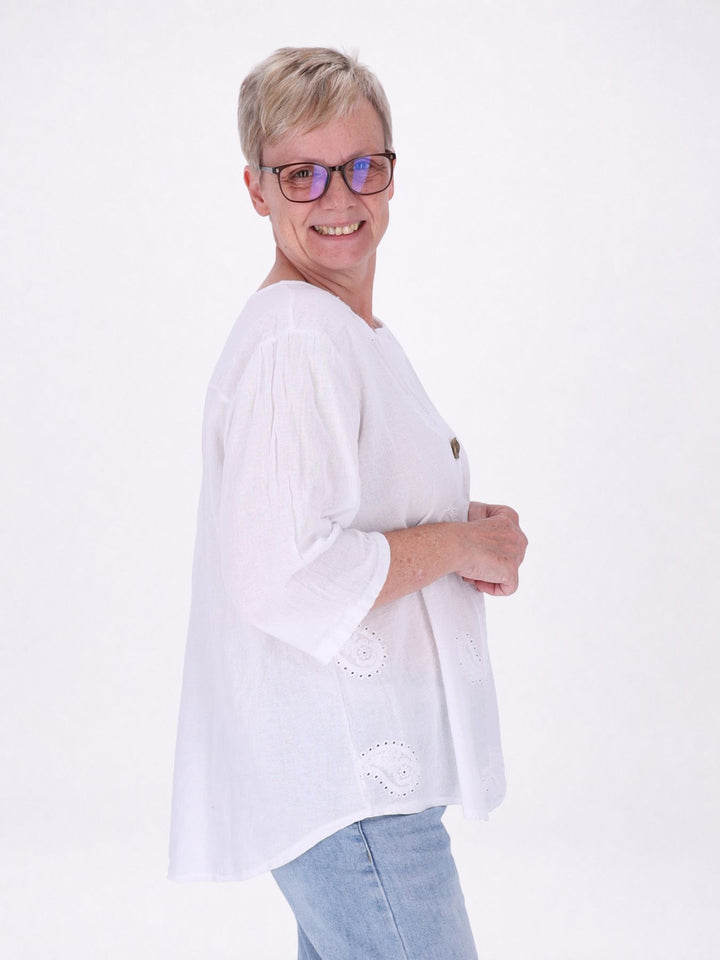 Damen T-Shirt mit Paisley-Stickerei und V-Ausschnitt – Weiß