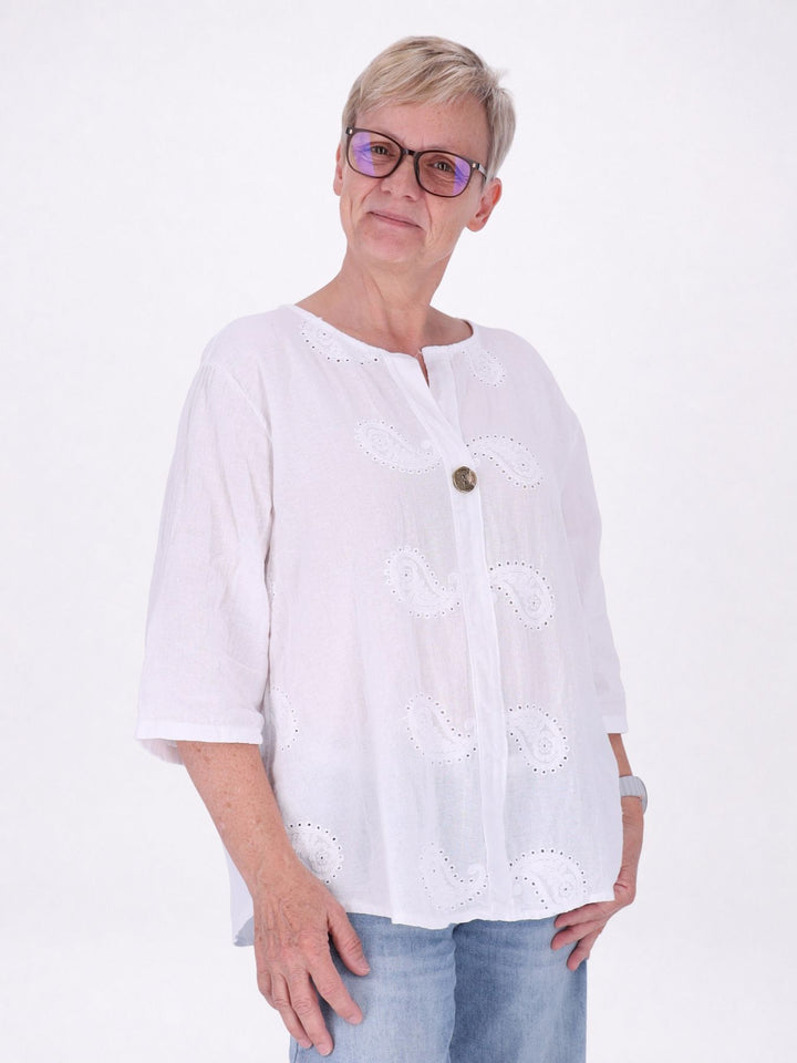 Damen T-Shirt mit Paisley-Stickerei und V-Ausschnitt – Weiß