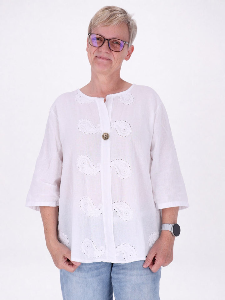 Damen T-Shirt mit Paisley-Stickerei und V-Ausschnitt – Weiß