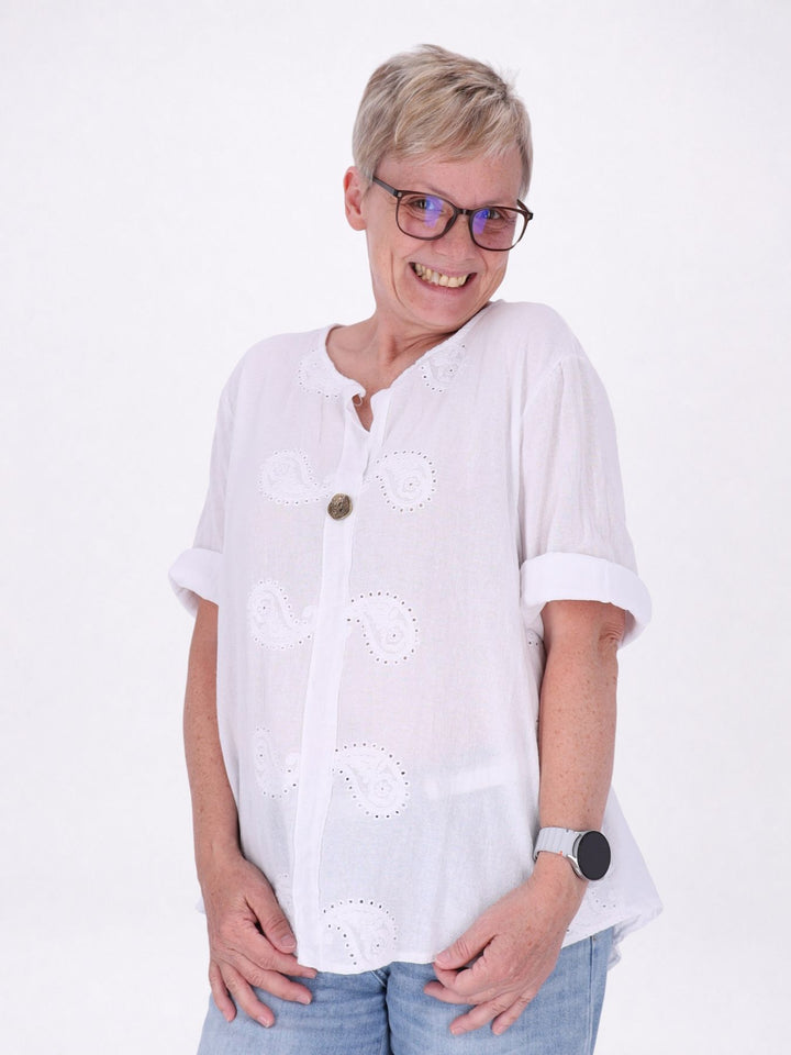 Damen T-Shirt mit Paisley-Stickerei und V-Ausschnitt – Weiß
