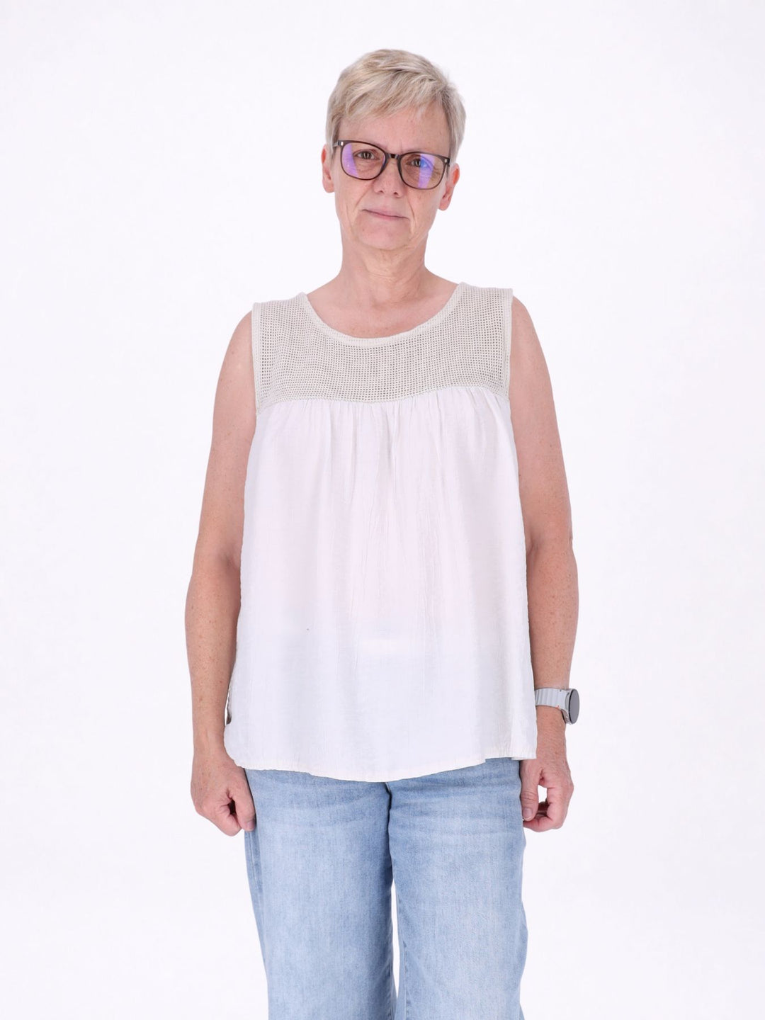 Damen Top in Lagenoptik mit Netzstoff – Beige