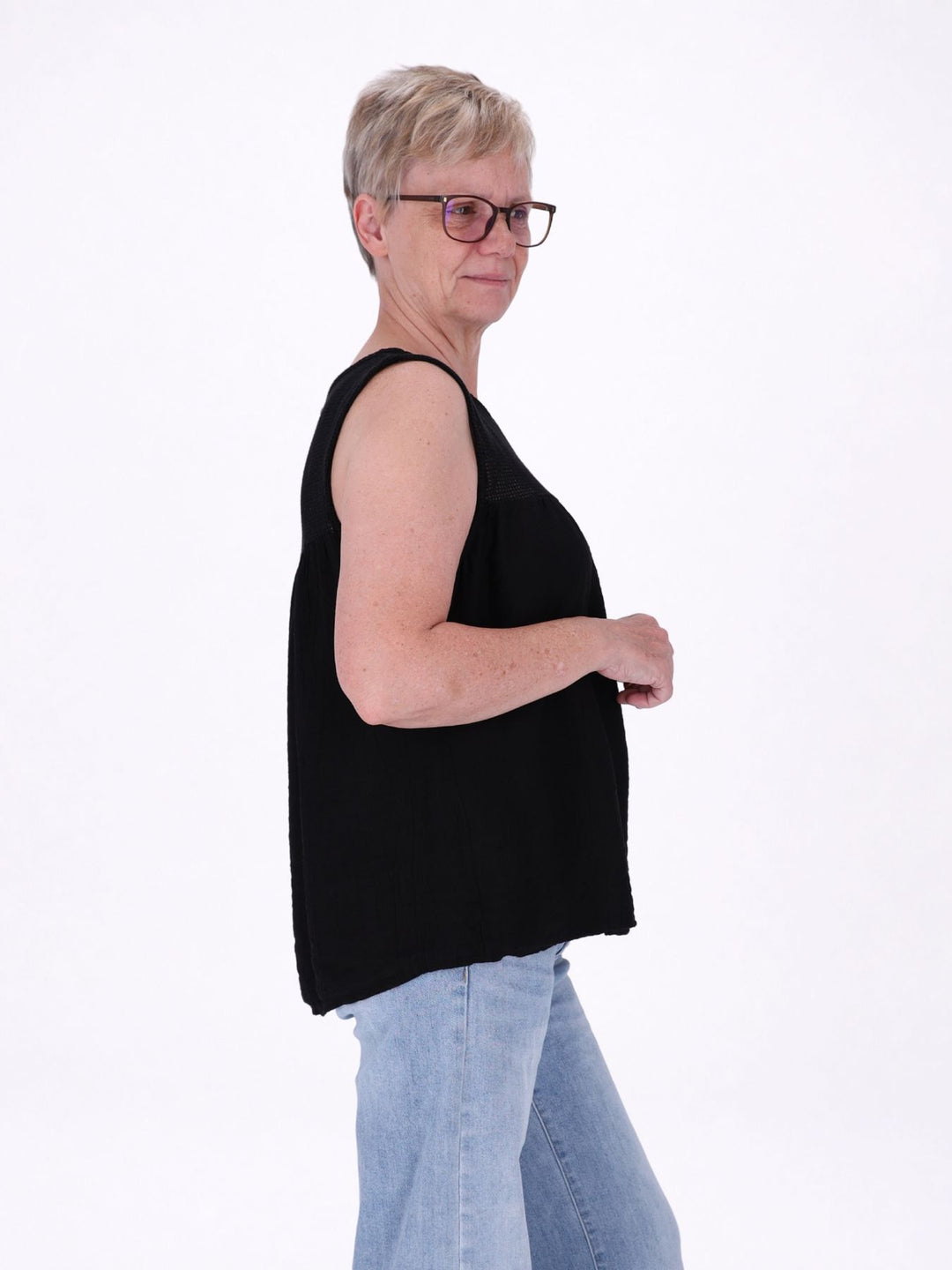 Damen Top in Lagenoptik mit Netzstoff – Schwarz