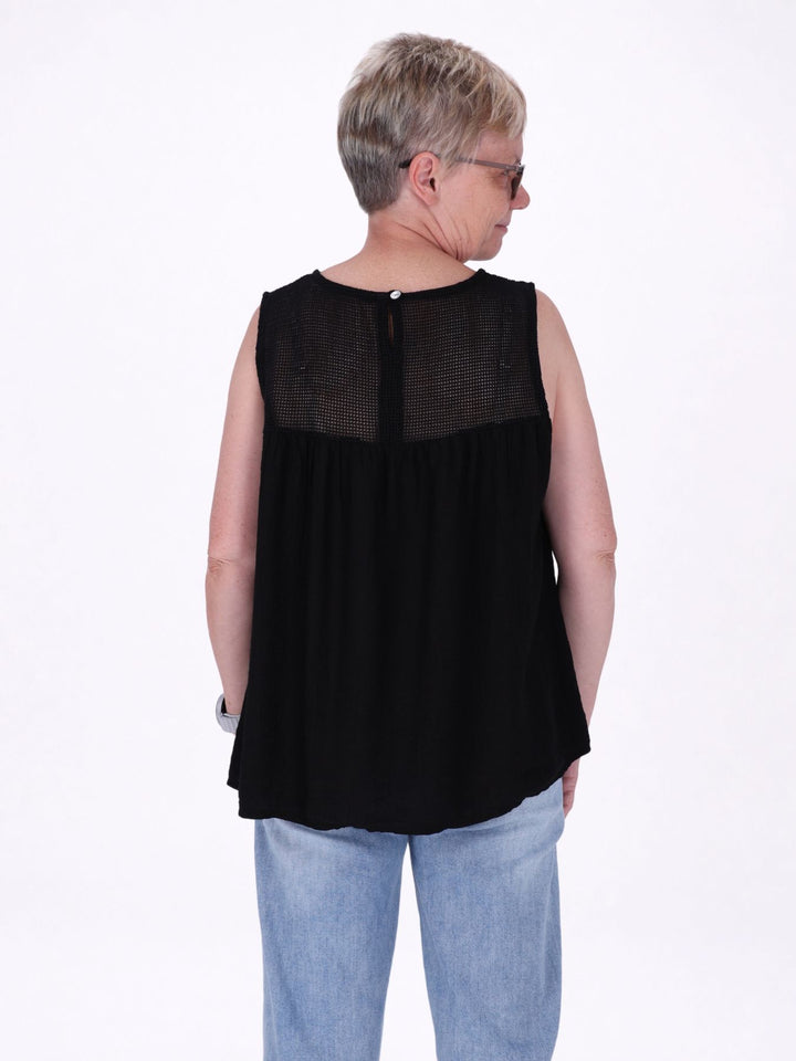 Damen Top in Lagenoptik mit Netzstoff – Schwarz