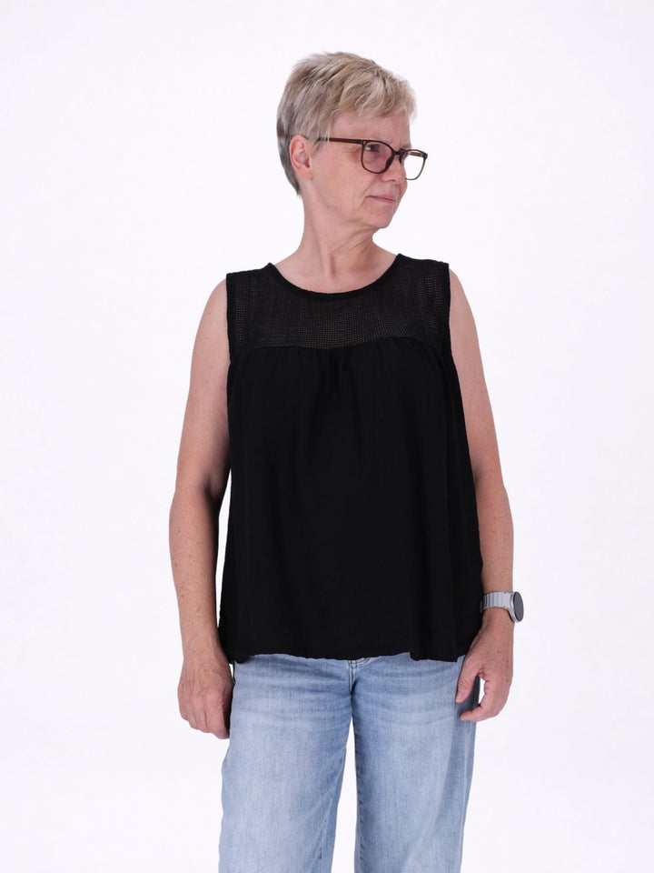 Damen Top in Lagenoptik mit Netzstoff – Schwarz