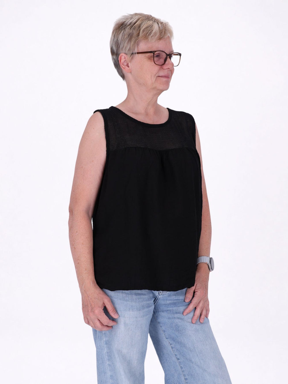Damen Top in Lagenoptik mit Netzstoff – Schwarz