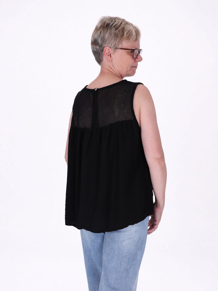 Damen Top in Lagenoptik mit Netzstoff – Schwarz