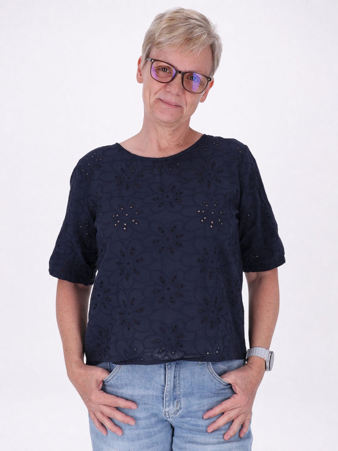 T-Shirt Damen Lochmusterhinten geknöpft in navy