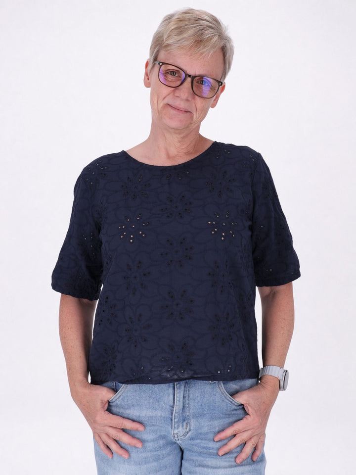 T-Shirt Damen Lochmusterhinten geknöpft in navy