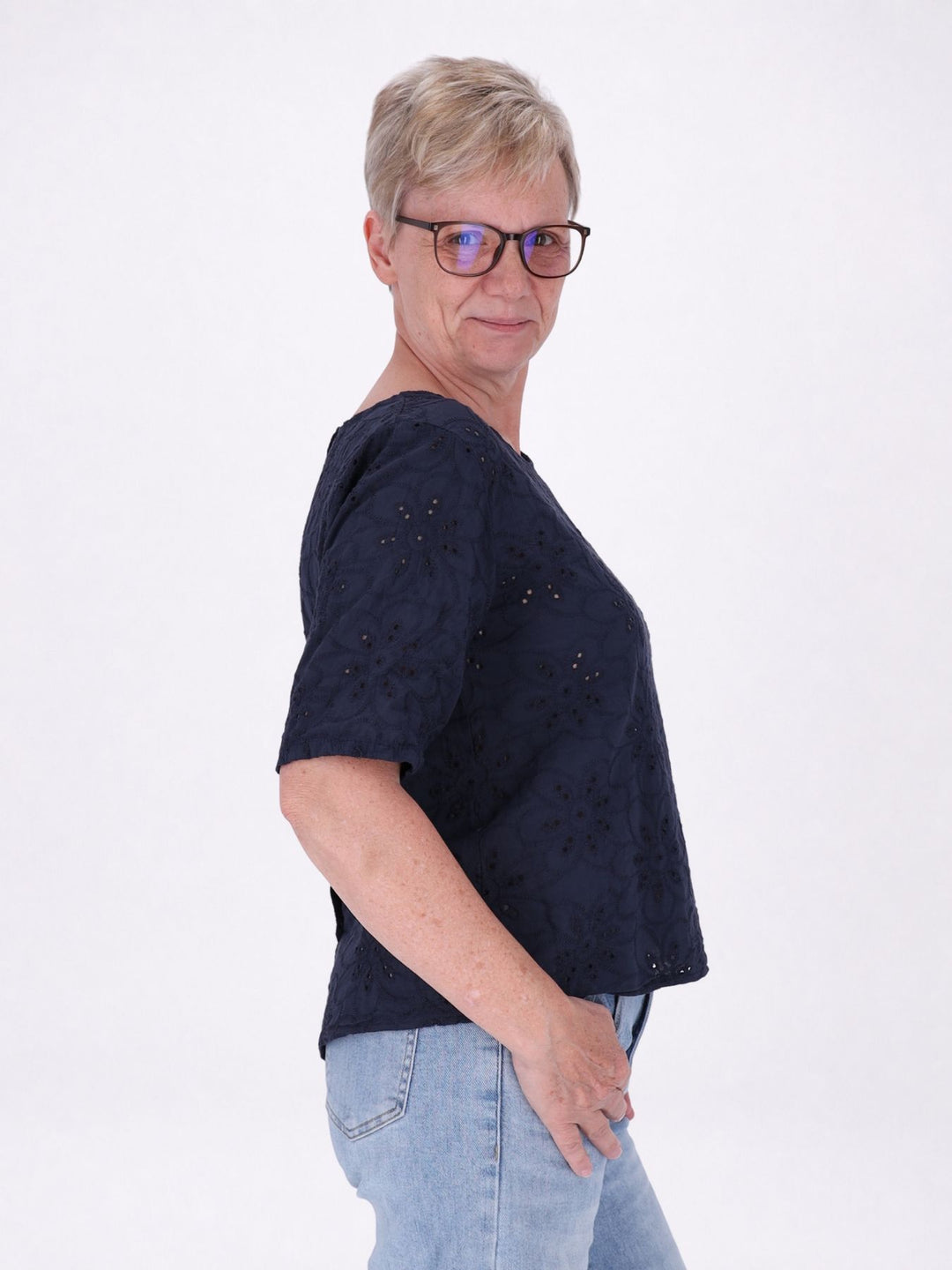 T-Shirt Damen Lochmusterhinten geknöpft in navy
