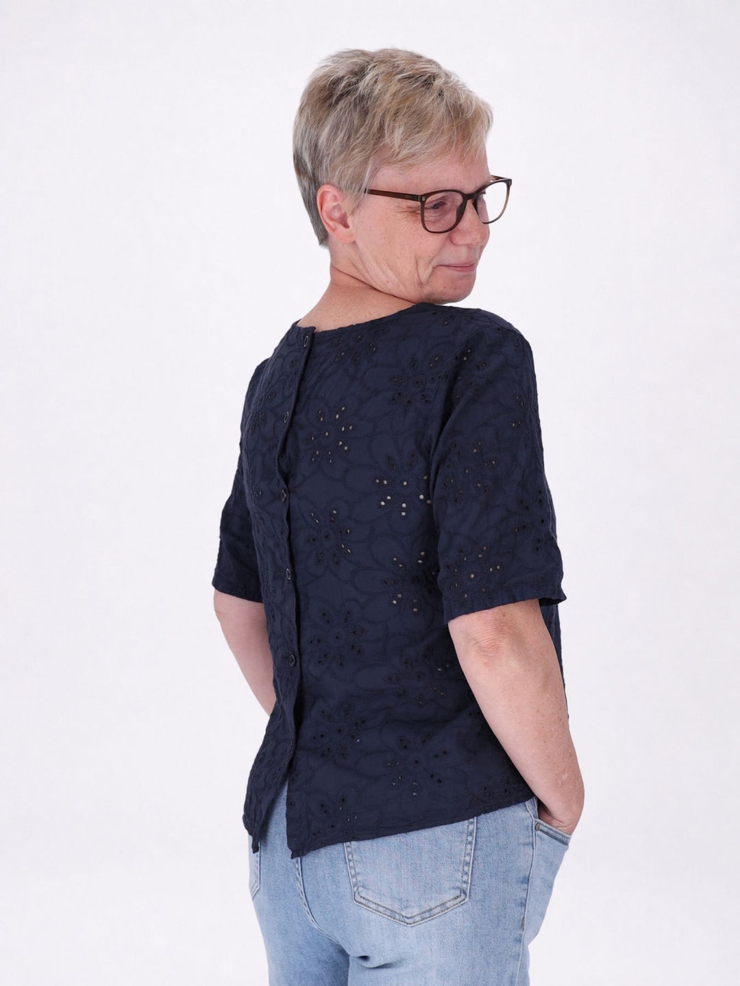 T-Shirt Damen Lochmusterhinten geknöpft in navy