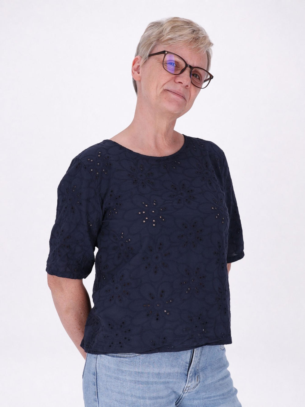 T-Shirt Damen Lochmusterhinten geknöpft in navy