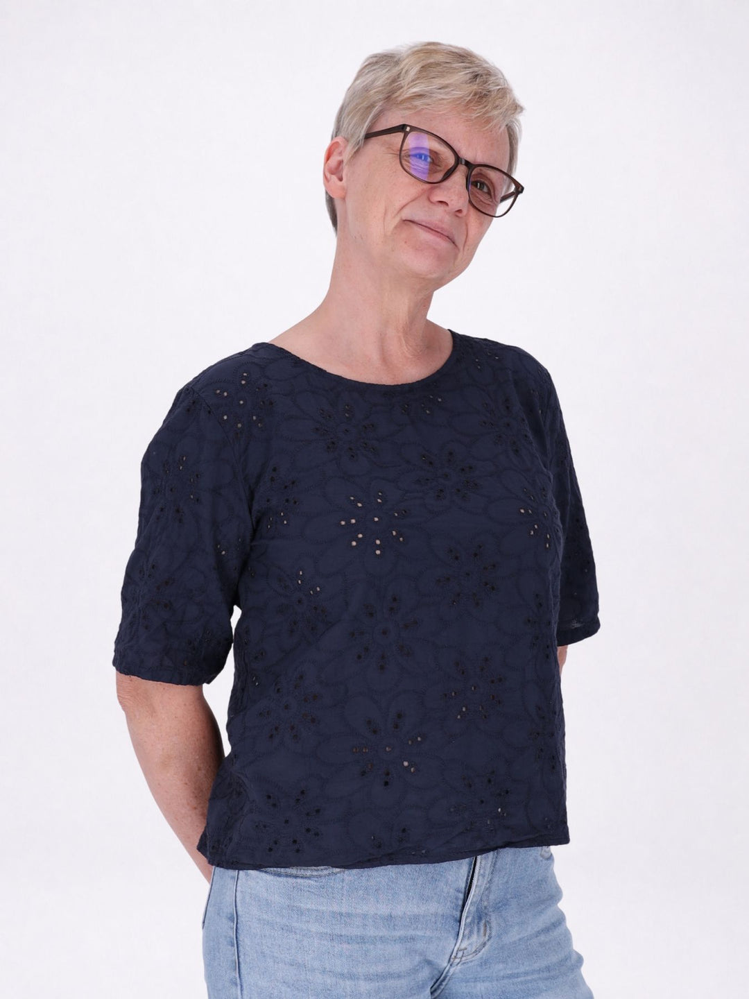 T-Shirt Damen Lochmusterhinten geknöpft in navy