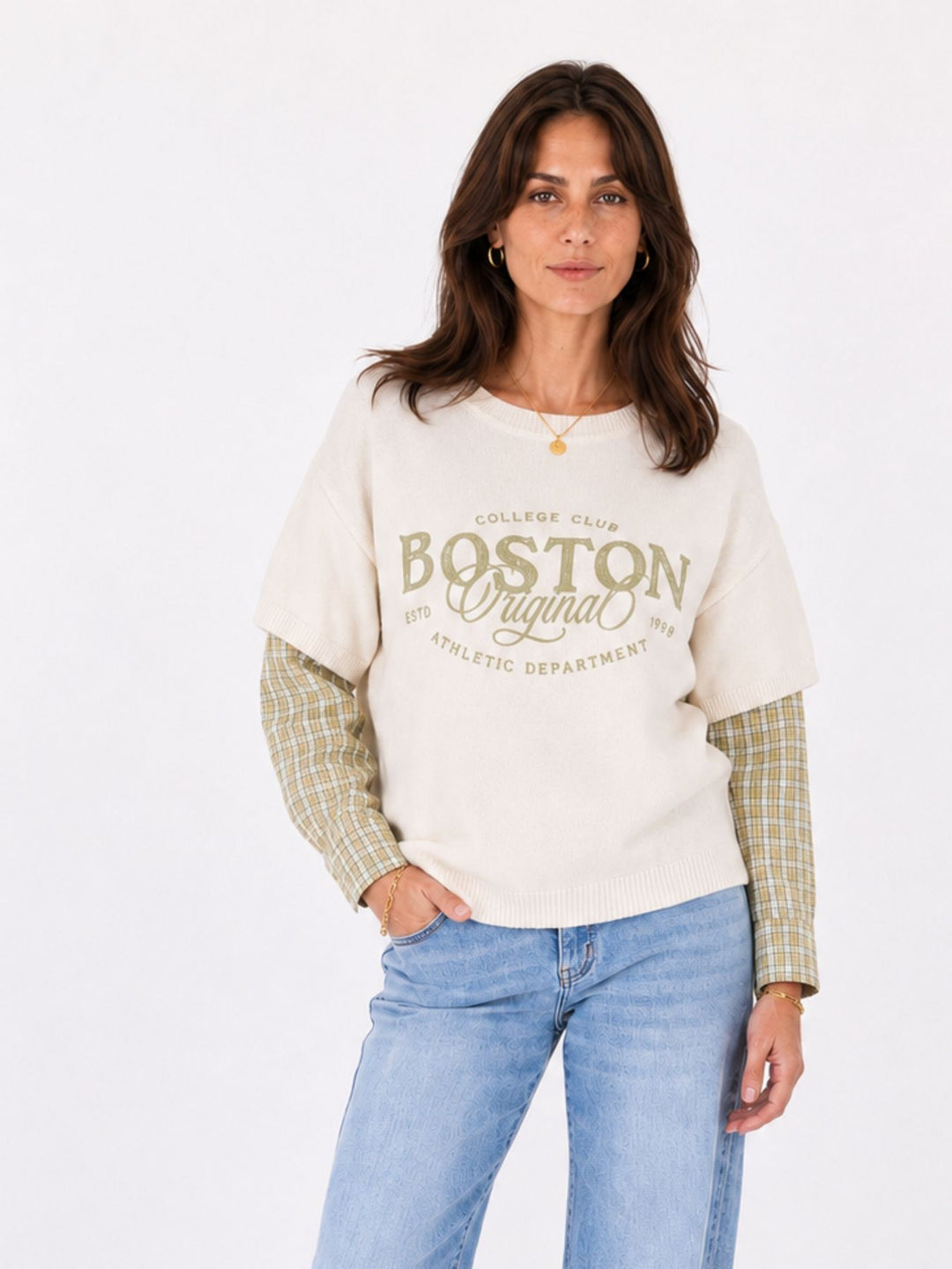 Damen Strickpullover im 2-in-1-Look mit karierten Blusenärmeln – Creme & Grün