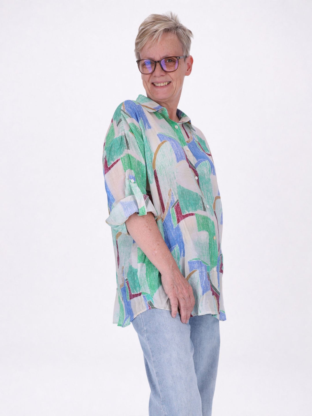 Bluse Damen Langarm Viskose AOP grün