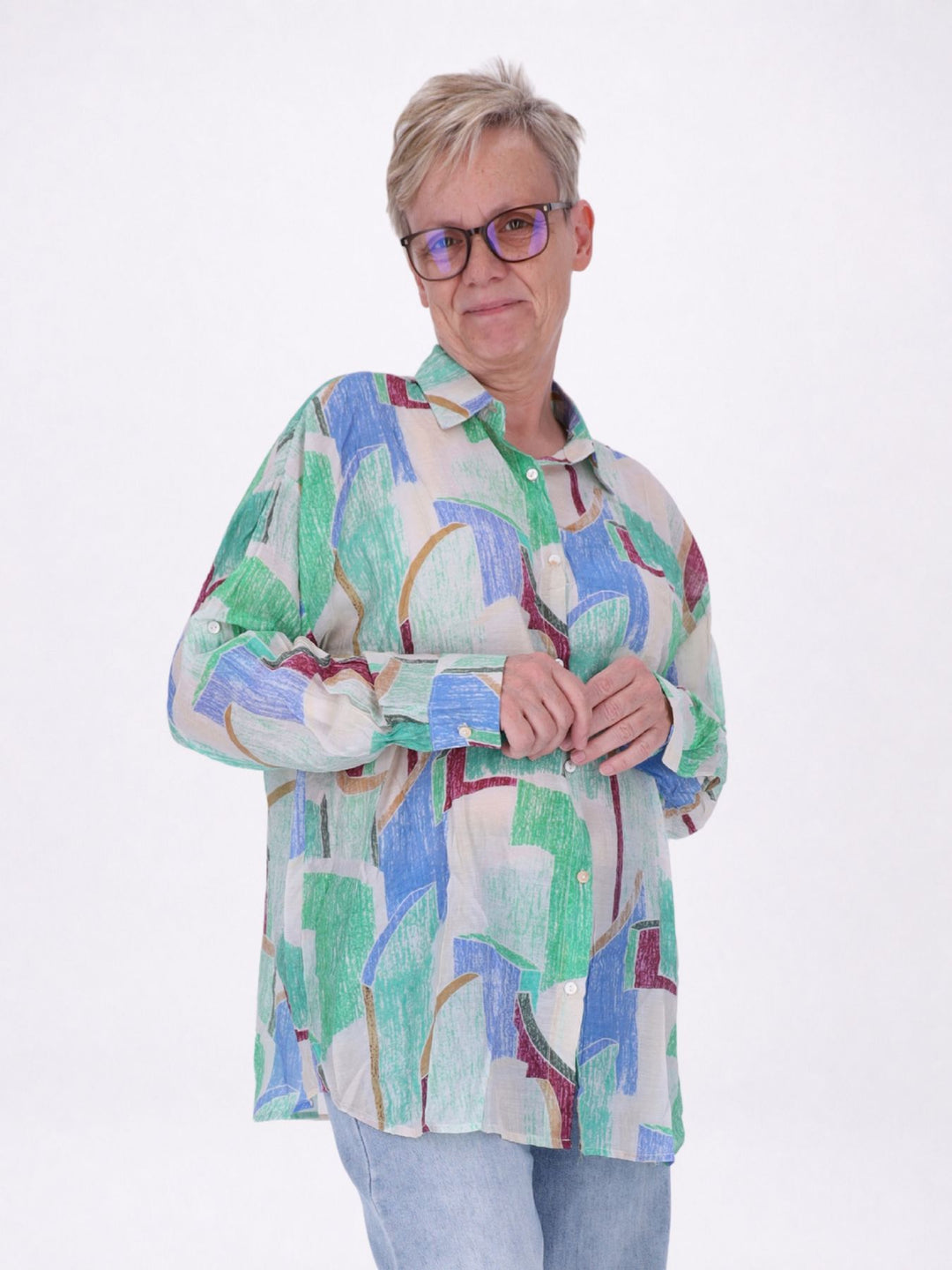 Bluse Damen Langarm Viskose AOP grün
