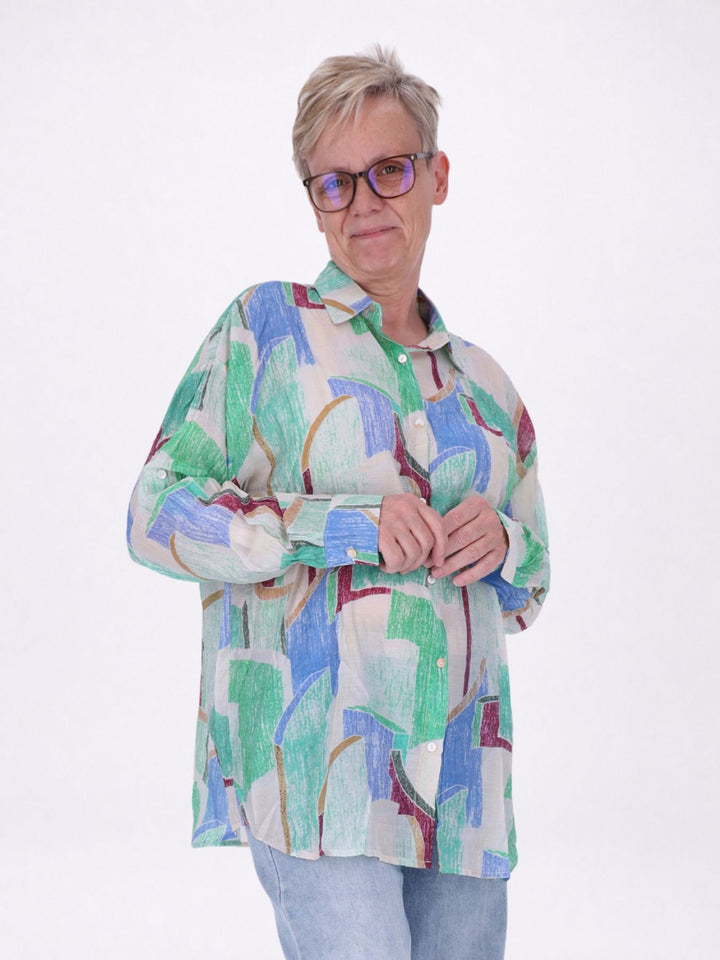 Bluse Damen Langarm Viskose AOP grün