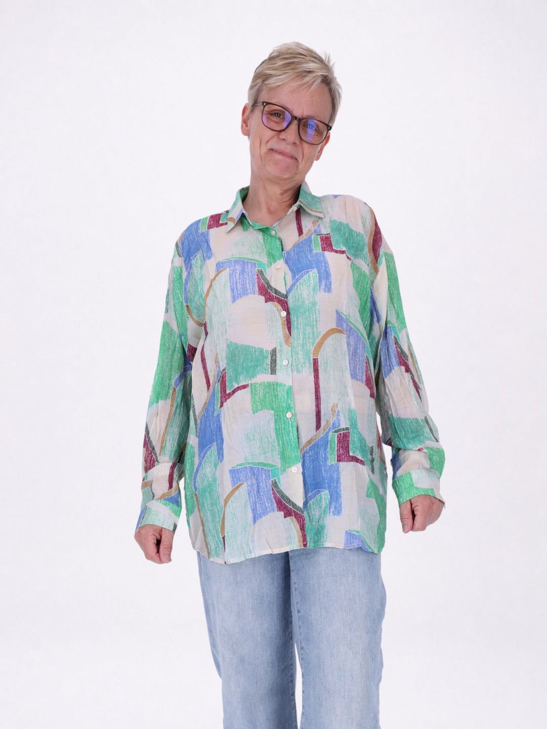 Bluse Damen Langarm Viskose AOP grün