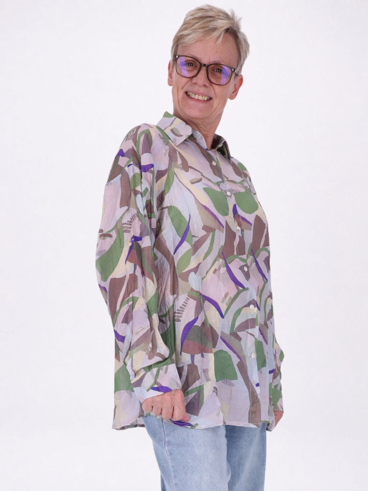 Bluse Damen Langarm Viskose AOP khaki