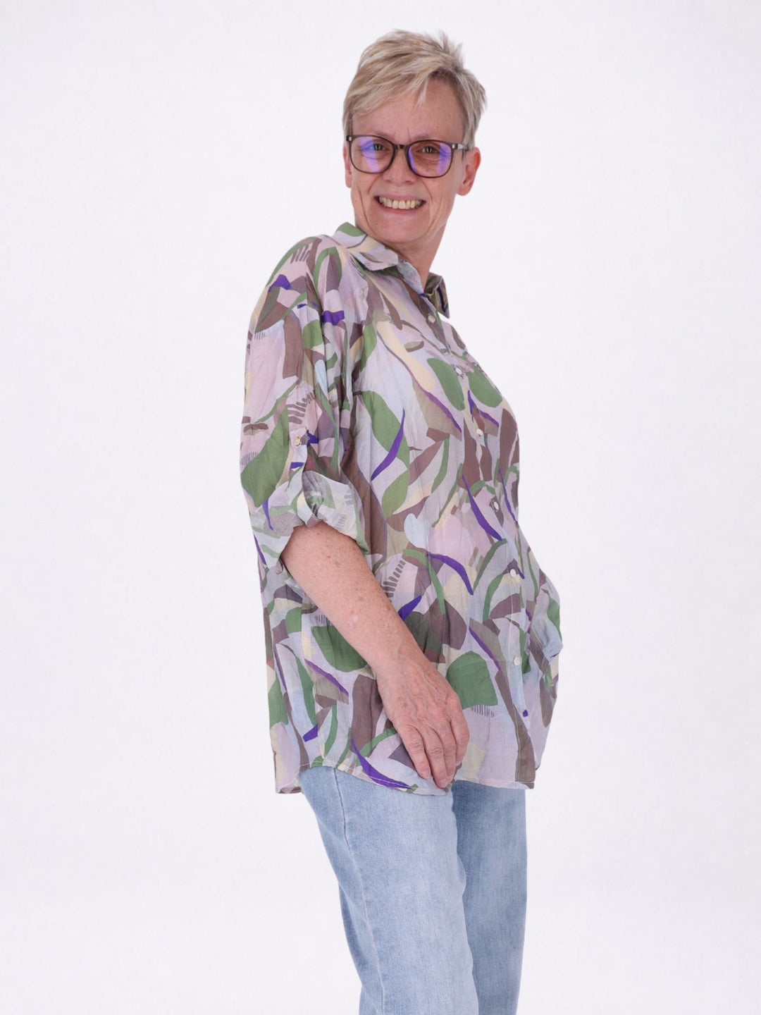 Bluse Damen Langarm Viskose AOP khaki