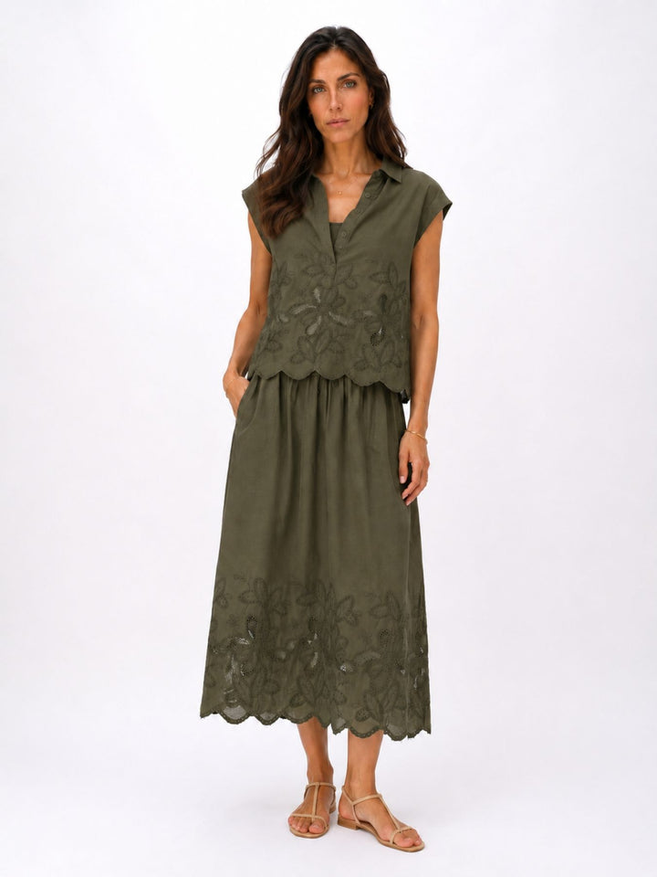 Rock Midi Gummizug Stickerei und Lochmuster