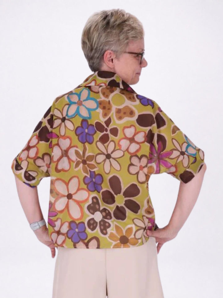 Bluse Damen weit geschnitten überschnittene Arme kurzarm AOP Blüten