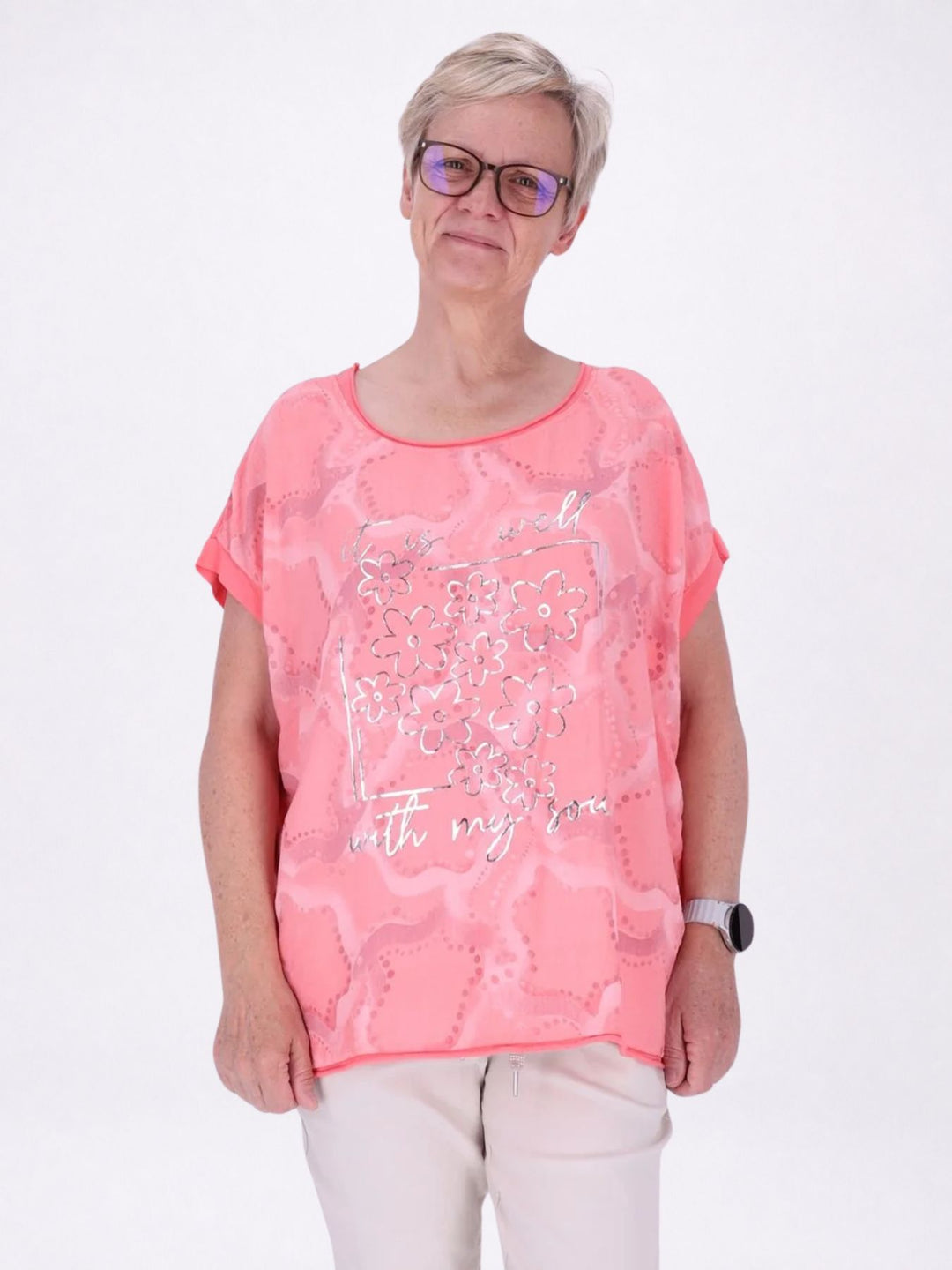 T-Shirt Damen Materialmix Print vorn