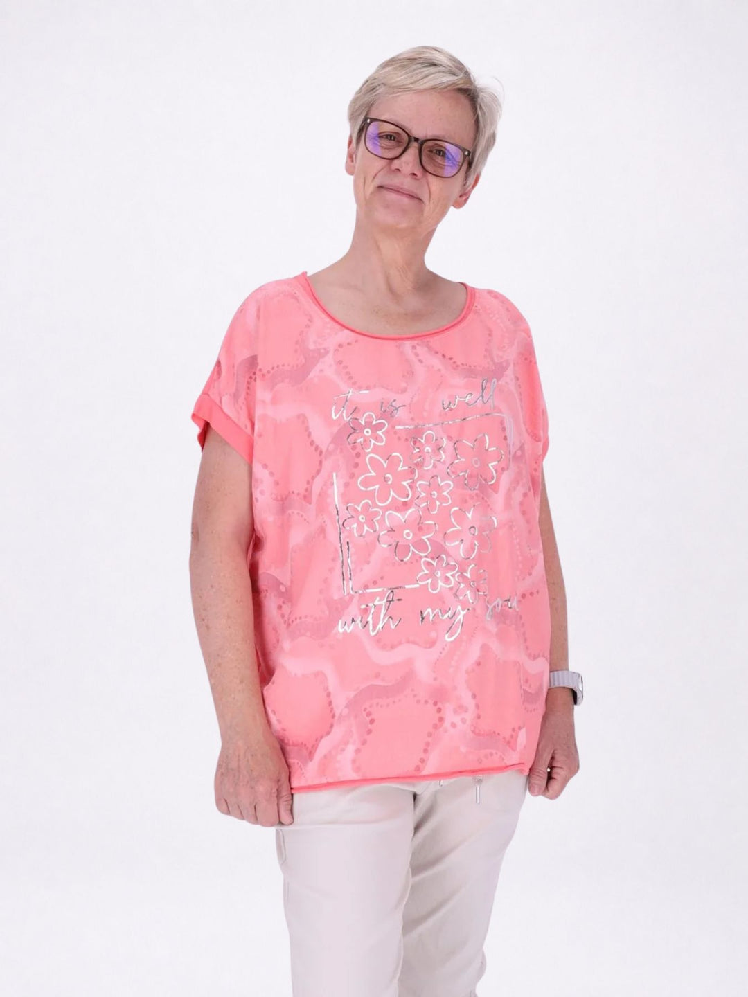 T-Shirt Damen Materialmix Print vorn