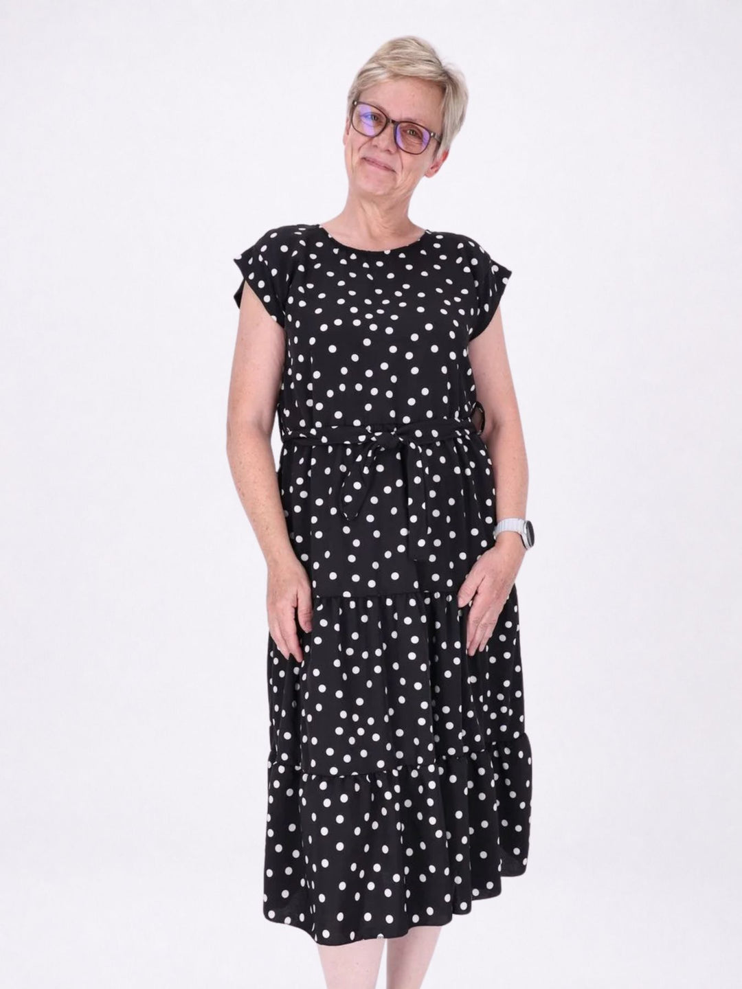 Kleid angeschnittener Arm Stufen Gürtel AOP Punkte