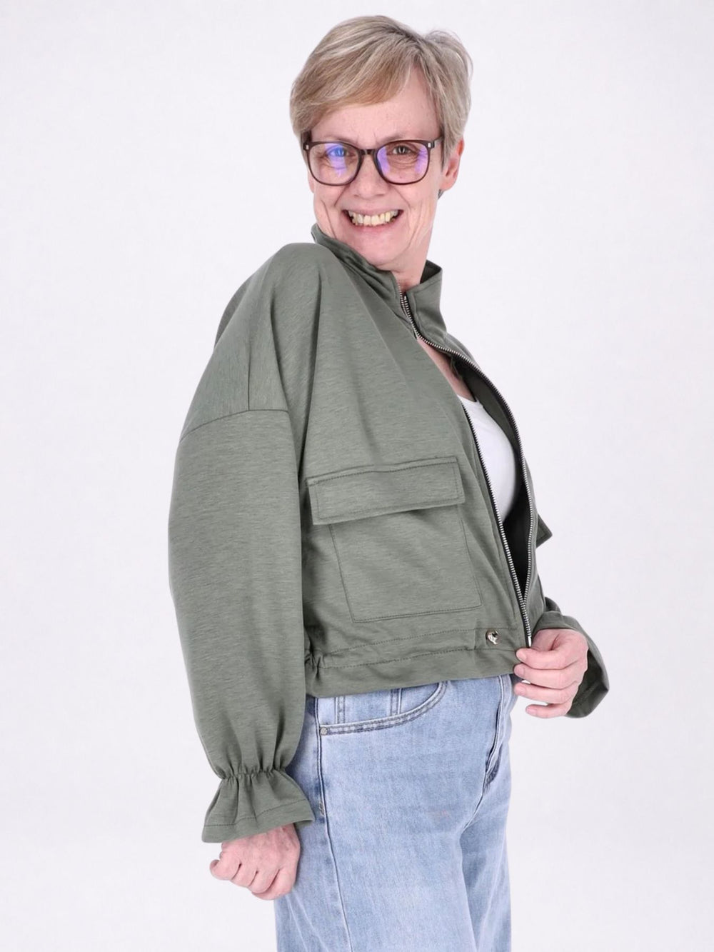 Jacke Damen Sweat Tunnelzug aufgesetzte Taschen kurz