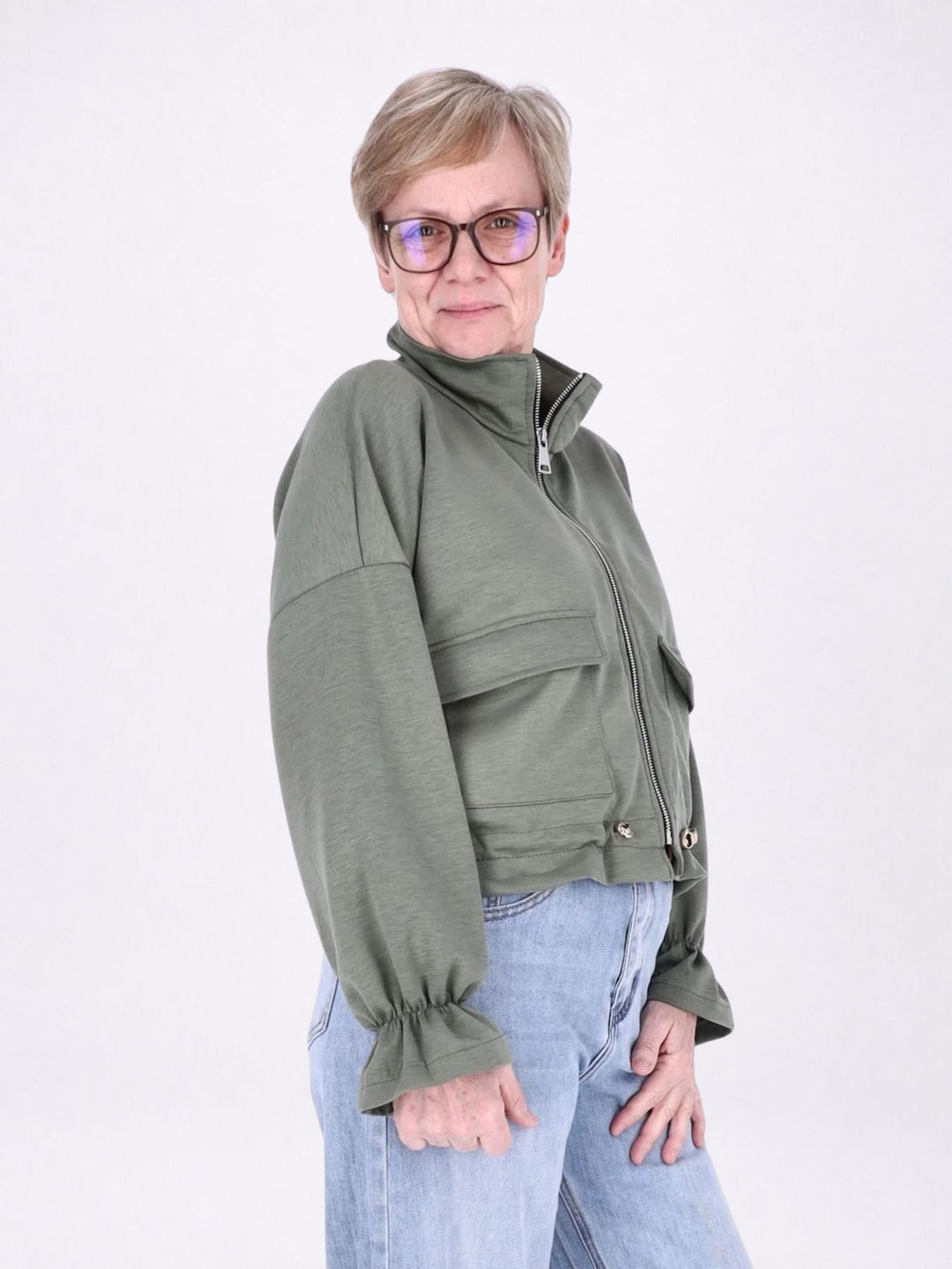 Jacke Damen Sweat Tunnelzug aufgesetzte Taschen kurz