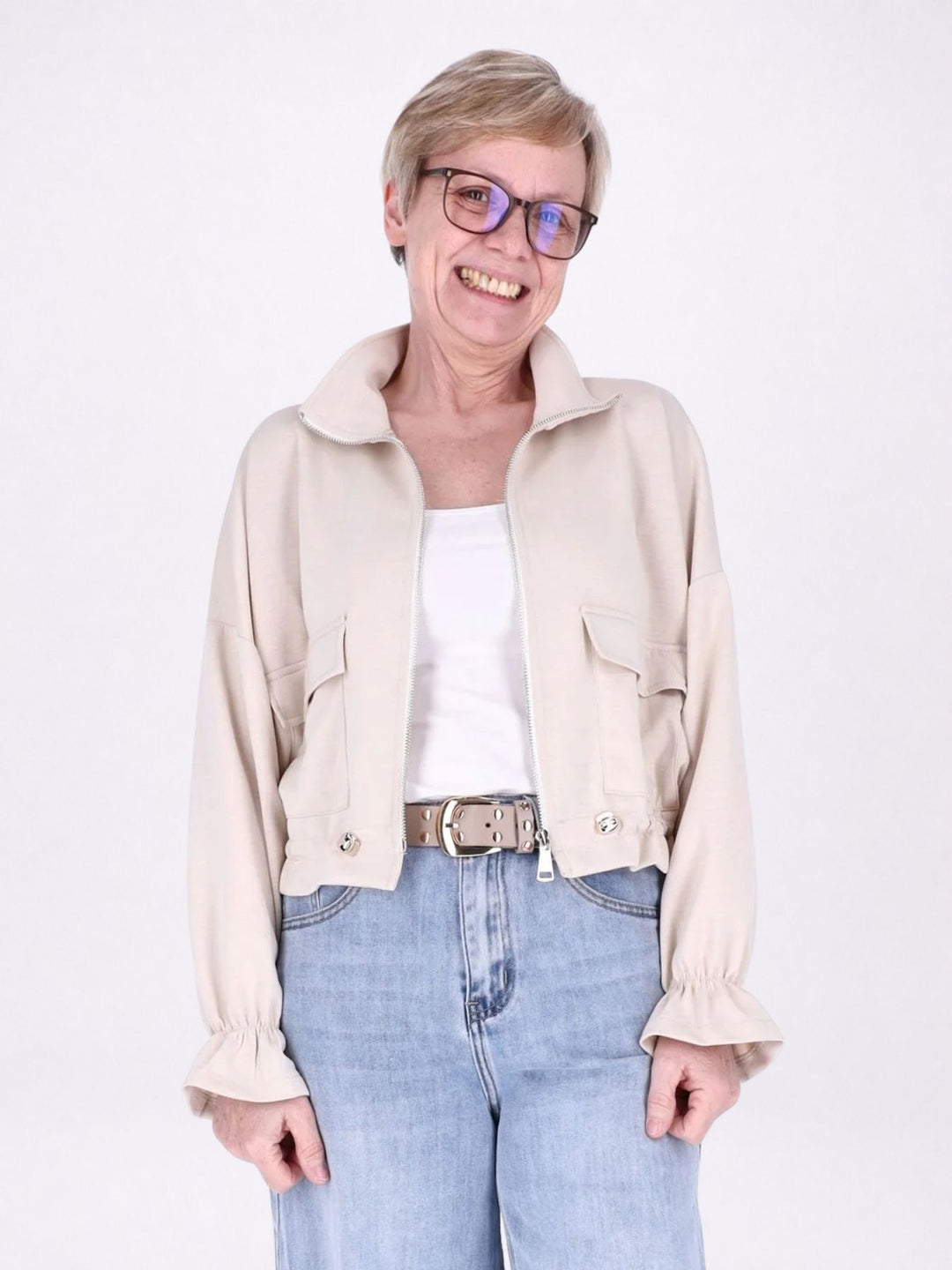 Jacke Damen Sweat Tunnelzug aufgesetzte Taschen kurz