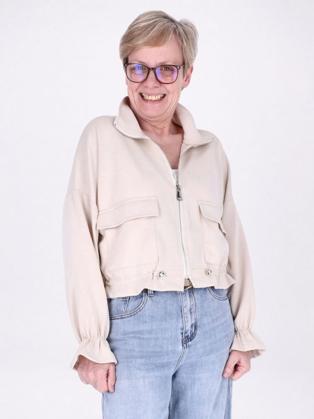 Jacke Damen Sweat Tunnelzug aufgesetzte Taschen kurz