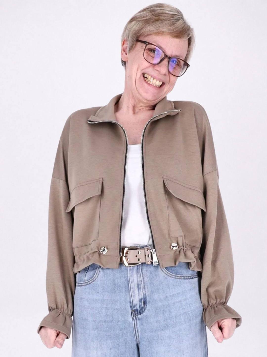Jacke Damen Sweat Tunnelzug aufgesetzte Taschen kurz