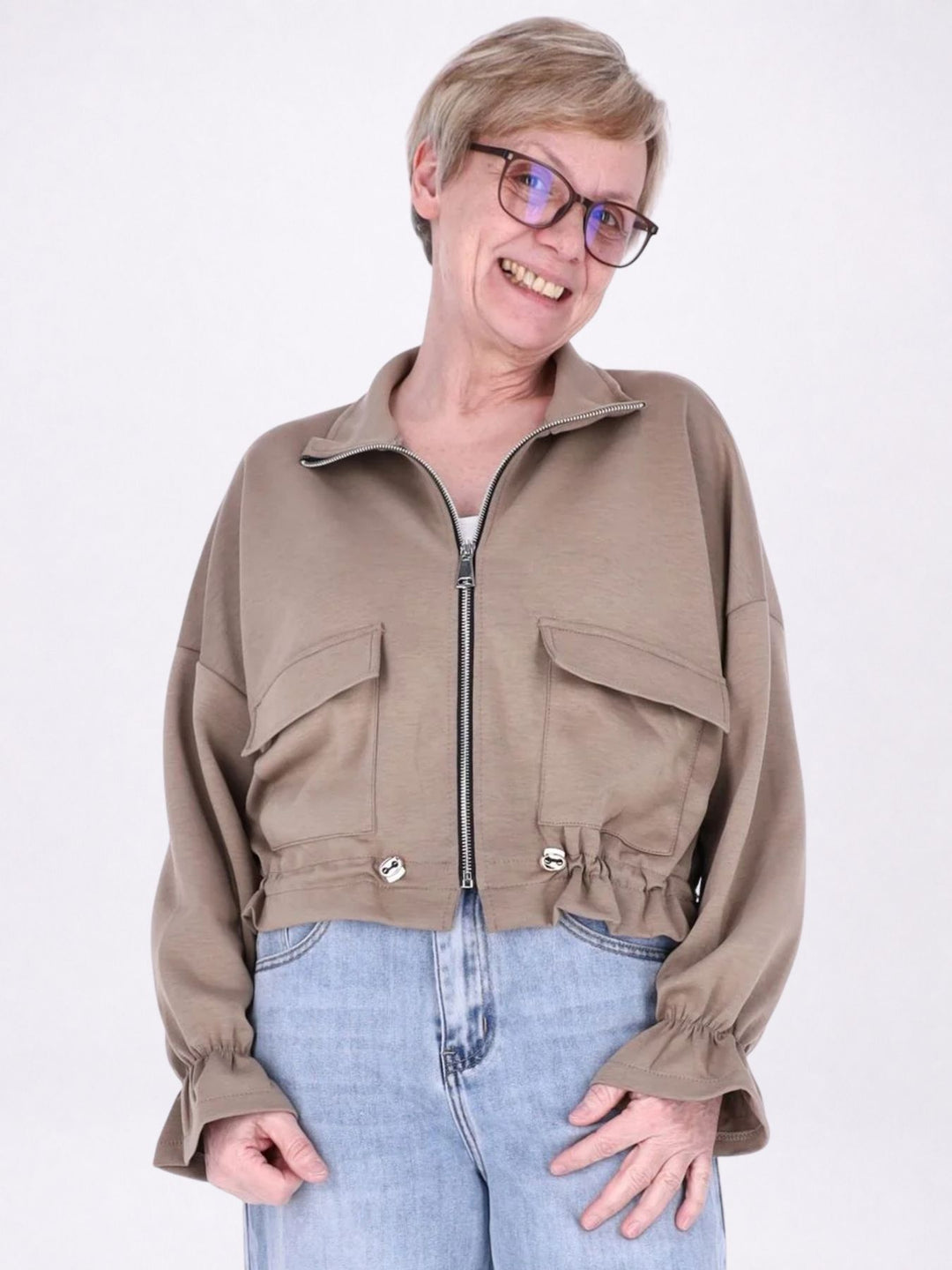 Jacke Damen Sweat Tunnelzug aufgesetzte Taschen kurz