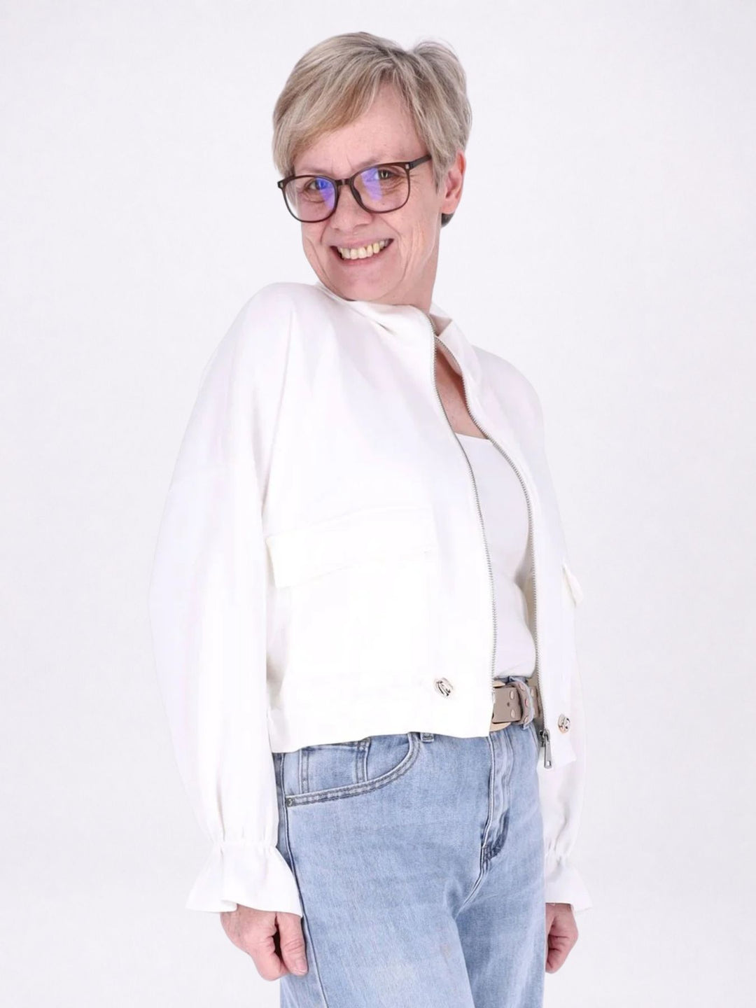 Jacke Damen Sweat Tunnelzug aufgesetzte Taschen kurz
